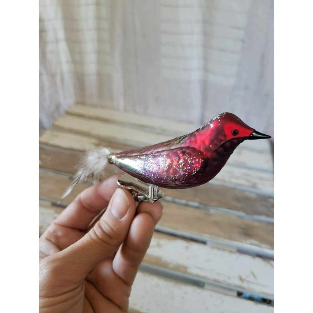Red Cardinal Glass bird clip-on ornament feathered Xmas tree